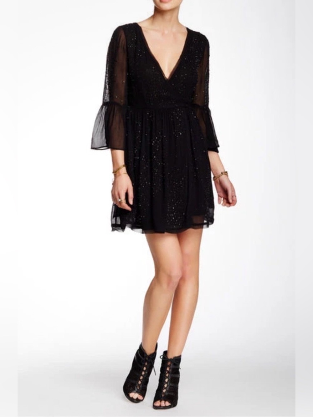 Free People Georgette Dress Size 6 Black Beaded Embellished Bell Sleeve Mini